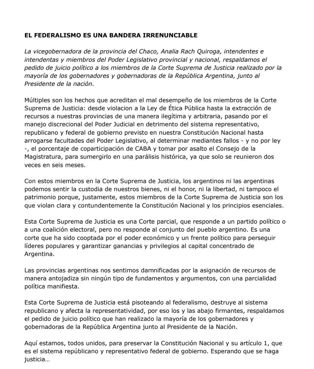 *FUERTE RESPALDO DEL OFICIALISMO CHAQUEÑO AL PEDIDO DE JUICIO POLÍTICO A MIEMBROS DE LA CORTE SUPREMA DE JUSTICIA*