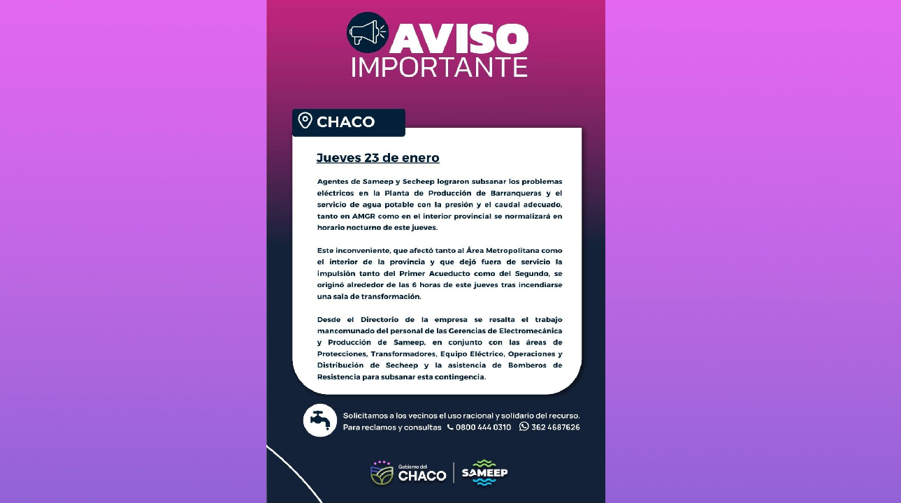 BARRANQUERAS: SE SUBSANARON LOS PROBLEMAS ELÉCTRICOS EN LA PLANTA DE PRODUCCIÓN Y EL SERVICIO DE AGUA POTABLE SE RESTABLECE PAULATINAMENTE
