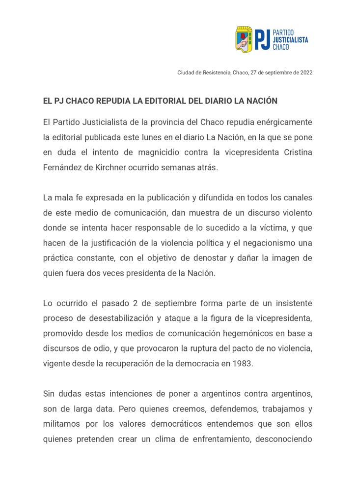 *EL PJ CHACO SE SUMA AL REPUDIO AL EDITORIAL DEL DIARIO LA NACIÓN*